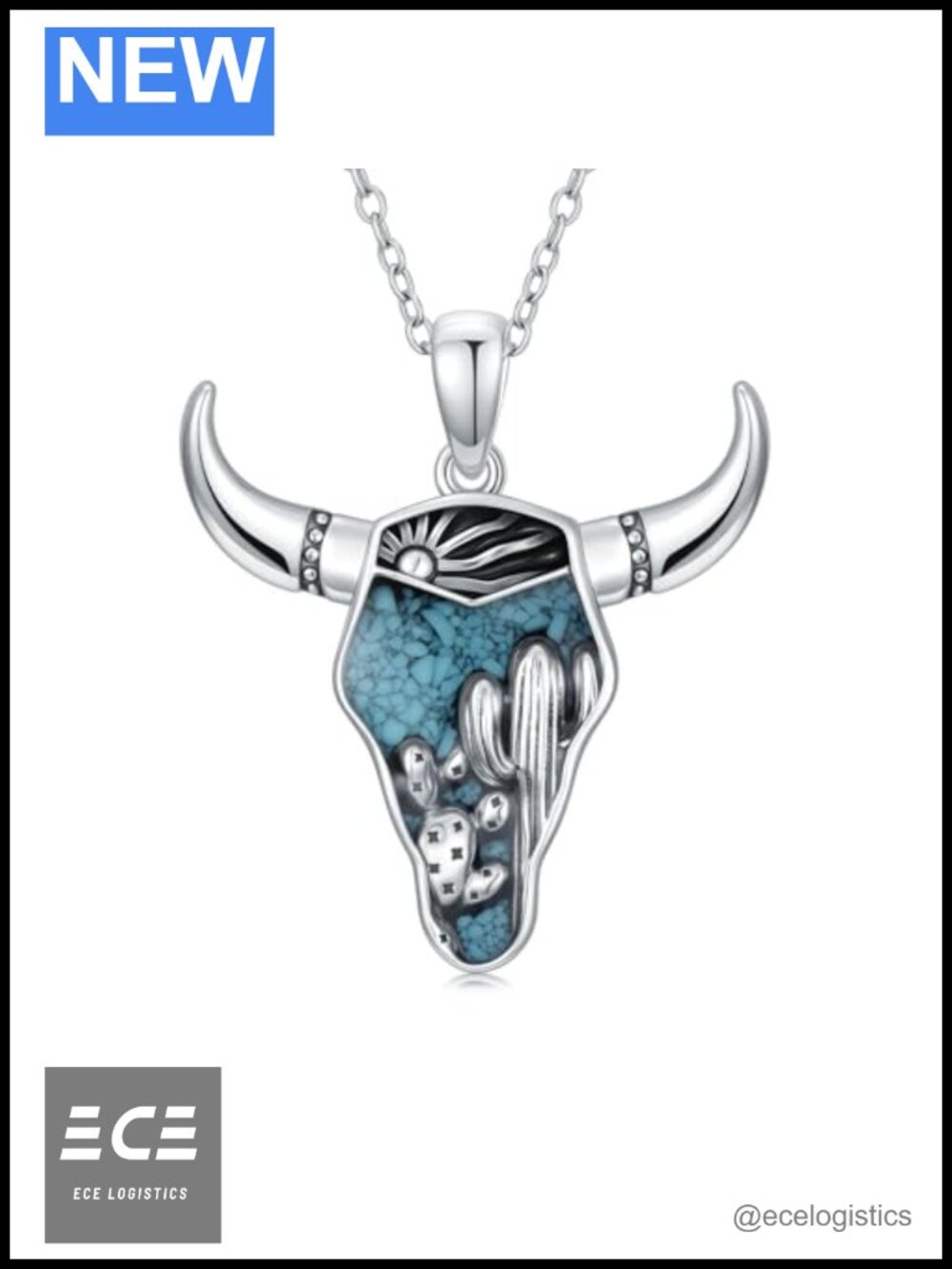925 Sterling Silver Turquoise Cow Skull Pendant Necklace Western
